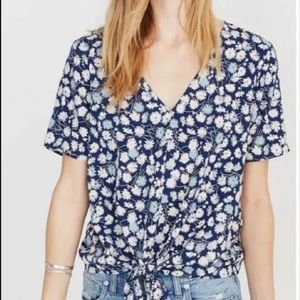 MADEWELL BLUE WHITE FLORAL PRINT  TIE FRONT V-NECK SHORT SLEEVES TOP